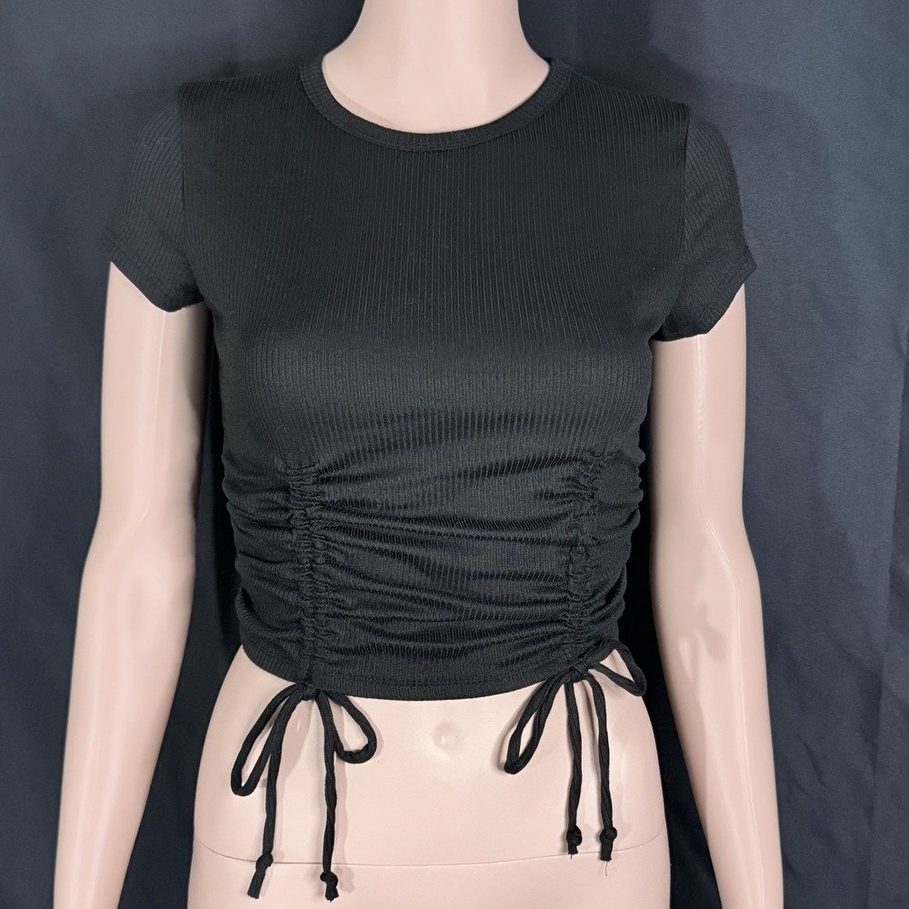 Black Ribbed Double Ruched Short-Sleeve Crop Top Front Drawstring Cinch Waist